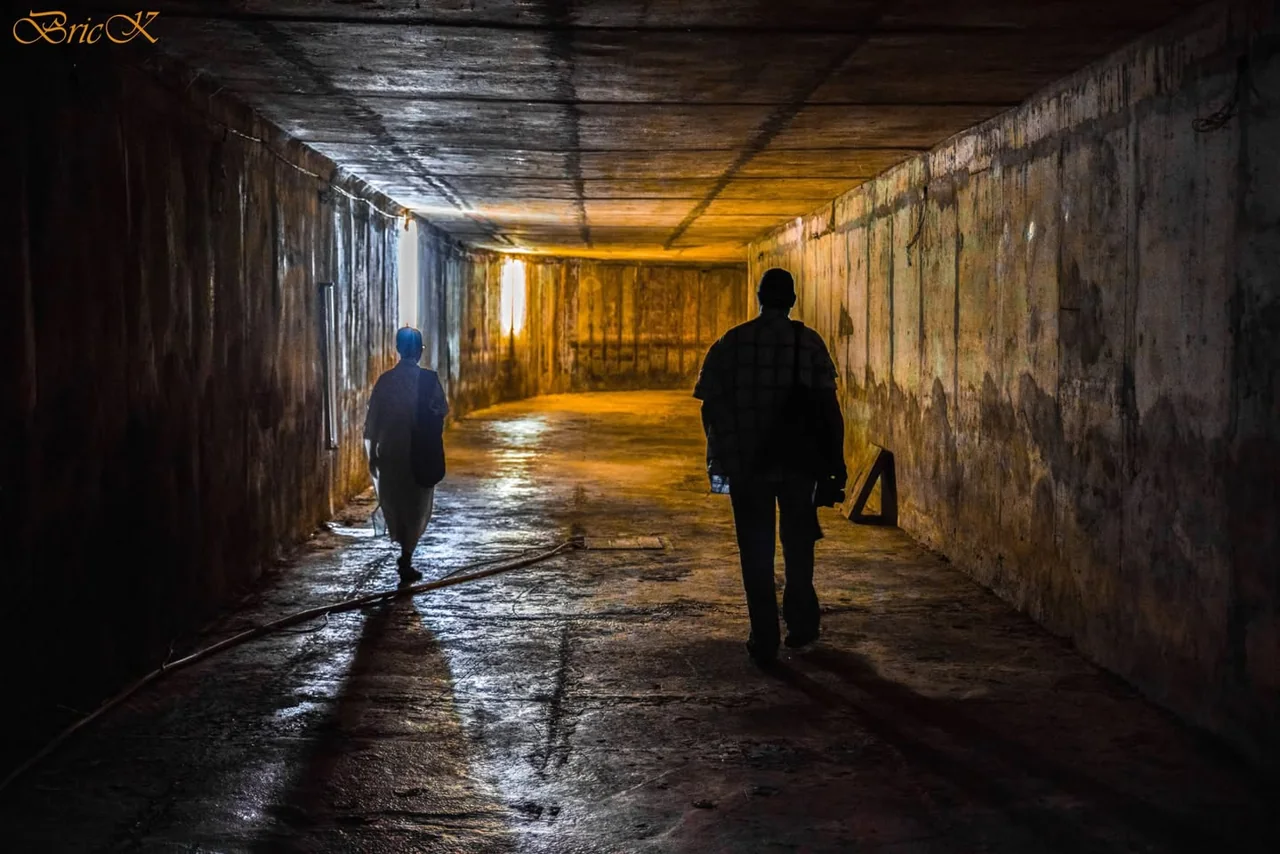 Two figures walk through a dark concrete passage toward golden light.