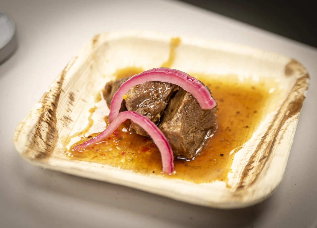 A piece of meat and bright pickled onions fill a carefully arranged plate.